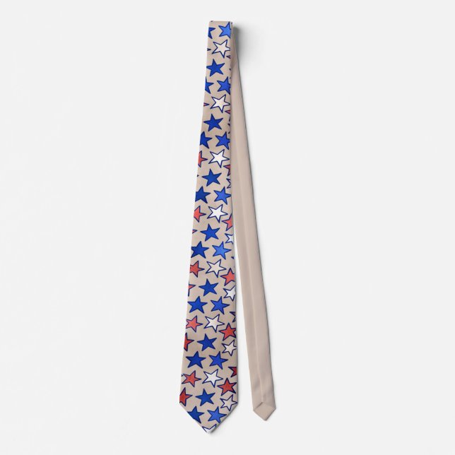 Trendy America Red White Blue Stars Beige Krawatte (Vorderseite)