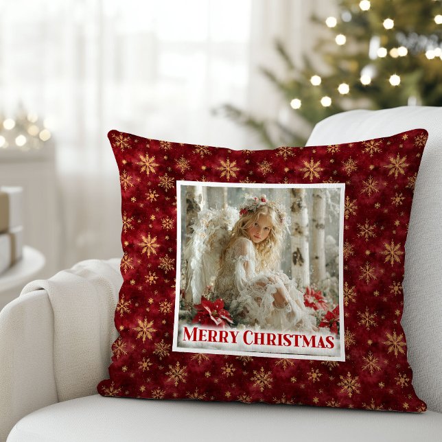 Trendy Angel Poinsettia Red Gold Personalized Xmas Kissen (Trendy Angel Poinsettia Red Gold Personalized Christmas Pillow

)