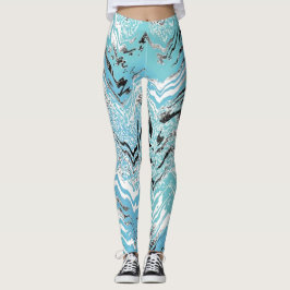 Trendy Aqua Blue Schwarz-weiß Zickzack ZigZag Leggings