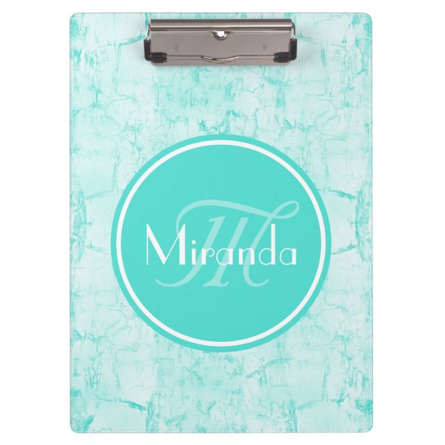 Trendy Aqua Mint Crackle Muster mit Monogramm Klemmbrett (Vorderseite)