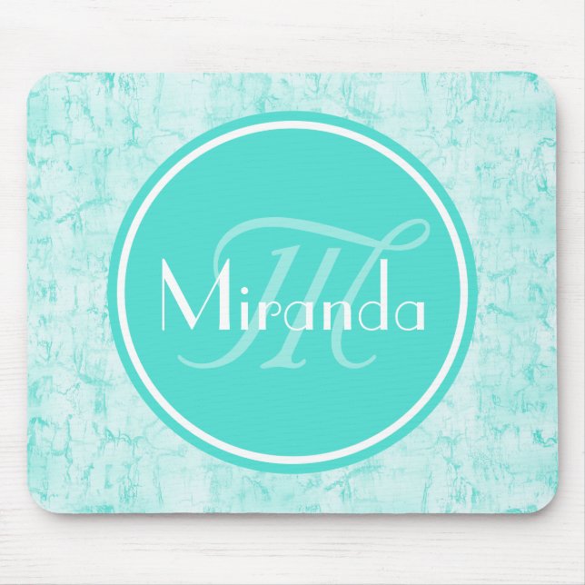 Trendy Aqua Mint Crackle Muster mit Monogramm Mousepad (Vorne)