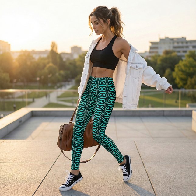 Trendy Aquamarin & Black Op Art Geometric Muster Leggings (Von Creator hochgeladen)