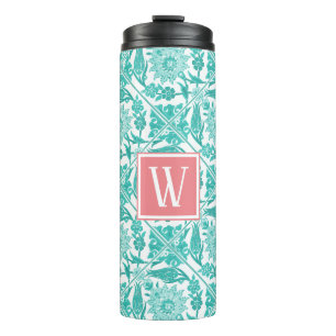 Trendy Aquamarin Floral Tiles & Pink   Monogramm Thermosbecher