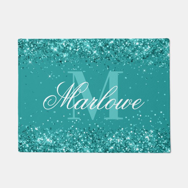 Trendy Aquamarin Glitzer Blue Green Monogram Fußmatte (Vorderseite)