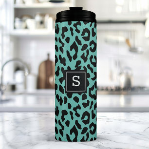 Trendy Aquamarin Leopard Animal Print Monogram Thermosbecher