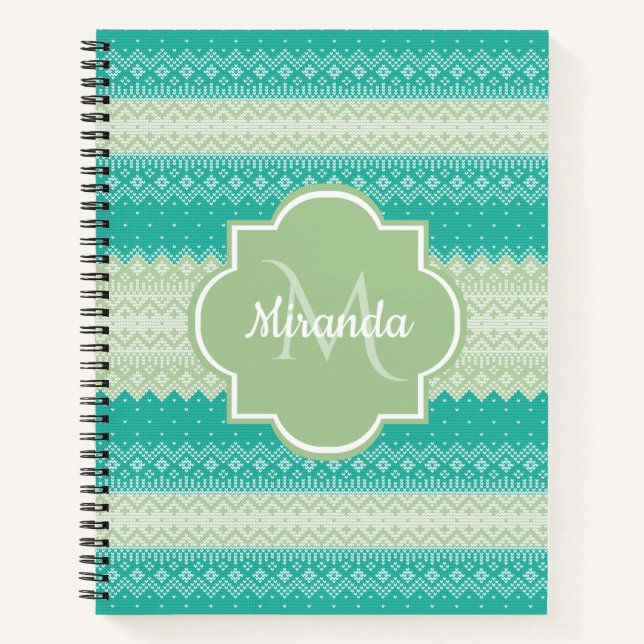 Trendy Aquamarin Neo Mint Green Strick Muster und  Notizbuch (Vorderseite)