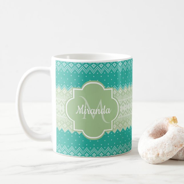 Trendy Aquamarin Neo Mint Green Strick Muster und  Tasse (Mit Donut)