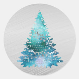 Trendy Aquamarin Silver Glitzer Tree Weihnachten Runder Aufkleber