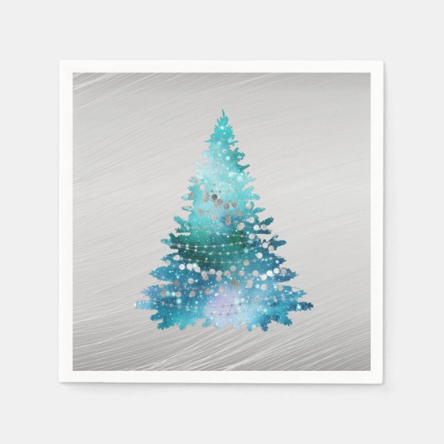 Trendy Aquamarin Silver Glitzer Tree Weihnachten Serviette (Vorderseite)