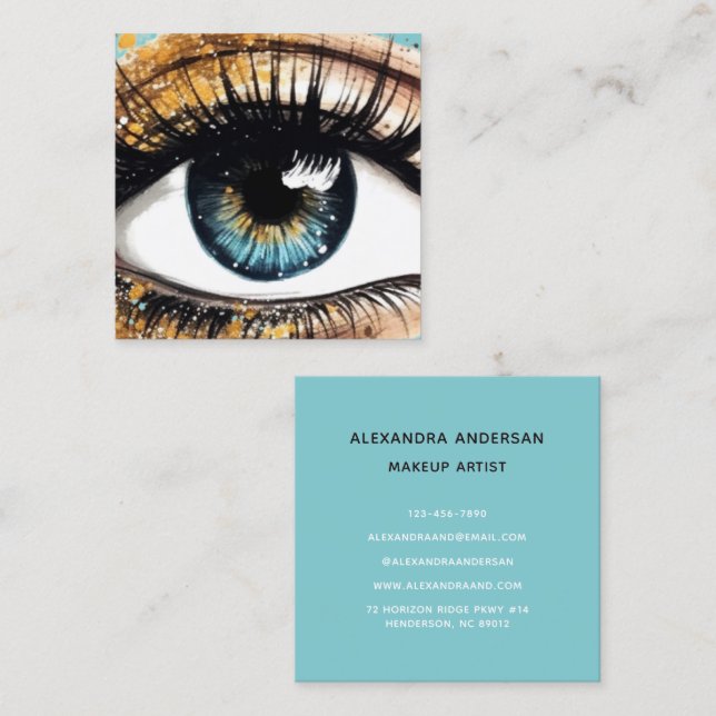 Trendy Aquamarin Türkise Gold Glitzer Eyelash Make Quadratische Visitenkarte (Vorne/Hinten)