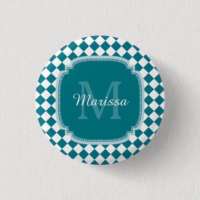 Trendy Aquamarin und White Checked Mit Monogramm N Button (Vorderseite)