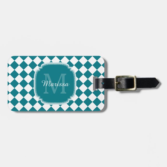 Trendy Aquamarin und White Checked Mit Monogramm N Gepäckanhänger (Vorderseite horizontal)