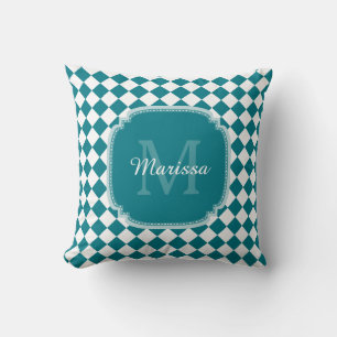 Trendy Aquamarin und White Checked Mit Monogramm N Kissen