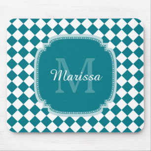 Trendy Aquamarin und White Checked Mit Monogramm N Mousepad