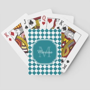 Trendy Aquamarin und White Checked Mit Monogramm N Spielkarten