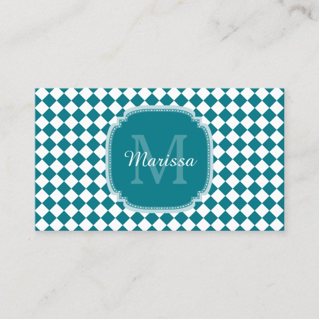 Trendy Aquamarin und White Checked Mit Monogramm N Visitenkarte (Vorderseite)