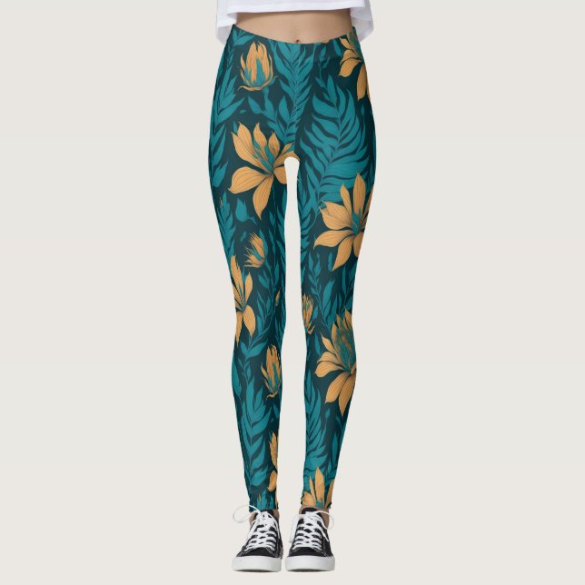 Trendy Aquamarine Blätter Orange Tropical Floral M Leggings (Vorderseite)