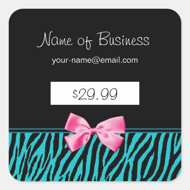 Trendy Aquamarine Zebra Streifen Pink Ribbon Preis Quadratischer Aufkleber (Vorderseite)