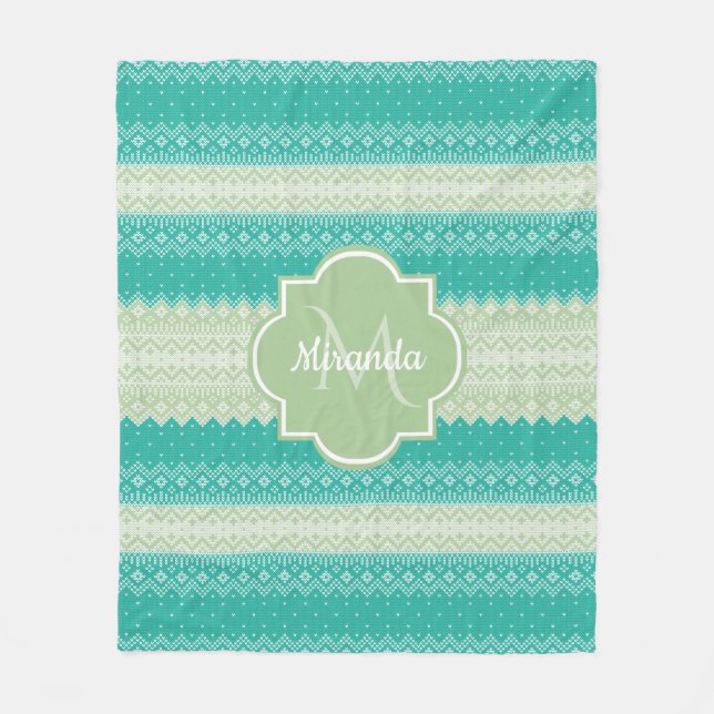 Trendy Aquamarines Neo Mint Green Strick Muster un Fleecedecke (Vorderseite)