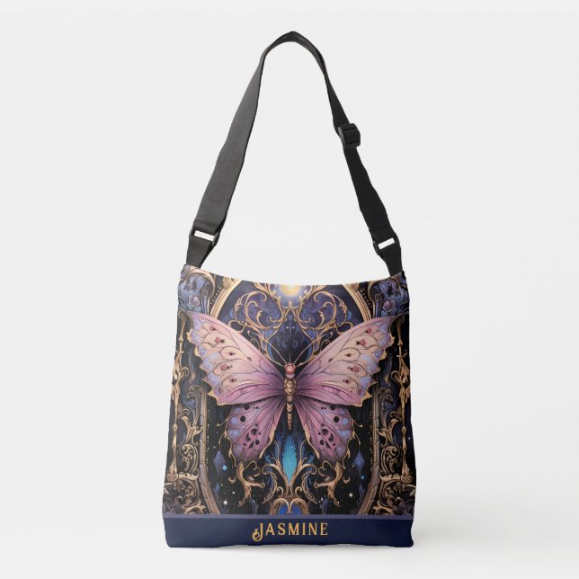 Trendy Art Déco Lila Pink Gold Schmetterling Tragetaschen Mit Langen Trägern (Vorderseite)