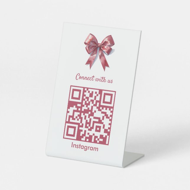 Trendy Ästhetische Coquette Pink Bow QR Code Sockelschild (Vorderseite)