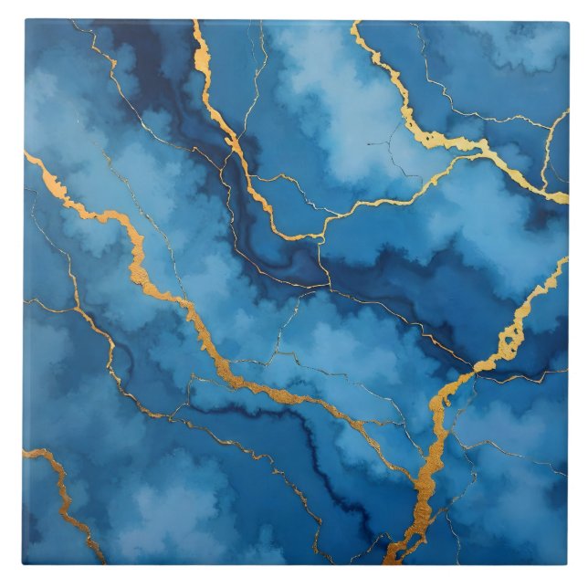 Trendy Azure Blue Gold Marble Collection Fliese (Vorderseite)