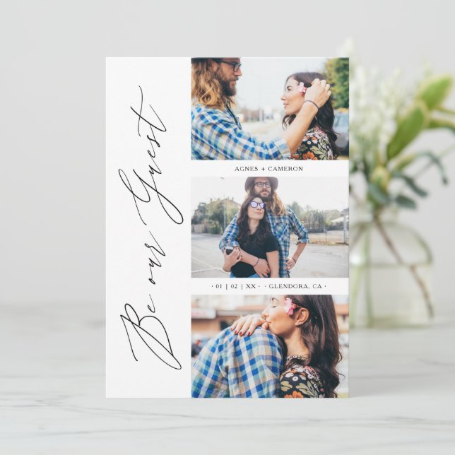 Trendy Be our Guest Chic Romantic 3 Photos Wedding Save The Date (Stehend Vorderseite)