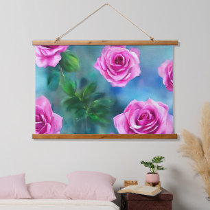 Trendy Beautiful Watercolor Pink Roses Collection Wandteppich Mit Holzrahmen