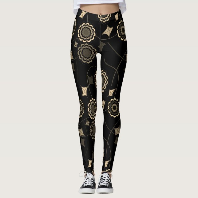 Trendy Beige Blume Ivy Black Leggings (Vorderseite)