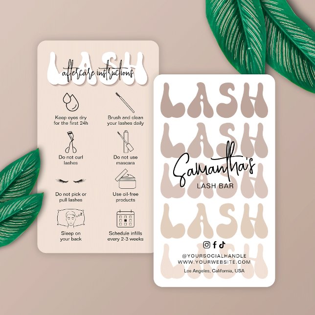 Trendy Beige Lash Aftercare Instructions Retro Visitenkarte (Trendy beige and white lash extensions care cards with retro fonts and space for your salon details)