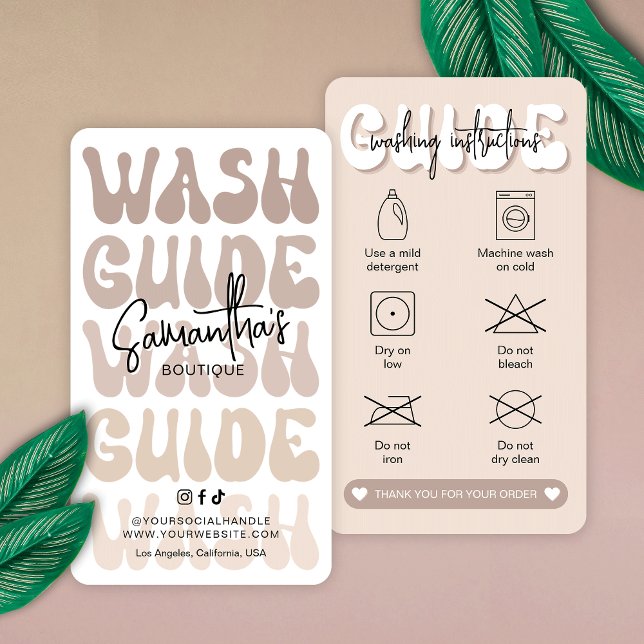 Trendy Beige Retro-Waschanleitung Pflegekarten Visitenkarte (Modern beige washing instructions cards with space for your boutique details)