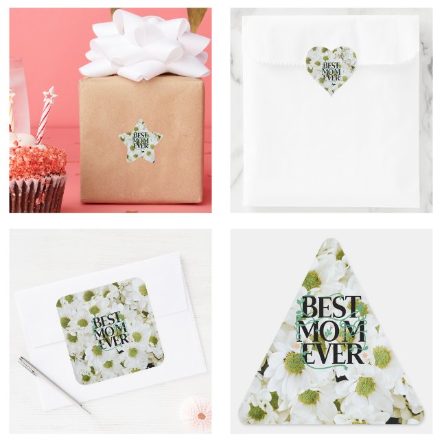 Trendy Best Mama je White Floral Moderne Quadratischer Aufkleber (Trendy Best Mom Ever White Floral Modern Square Sticker)