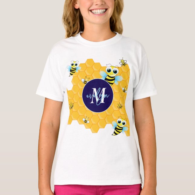 Trendy Big Blue Eyes Bee & Hives T-Shirt (Vorderseite)