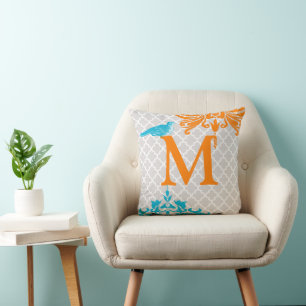 Trendy Bird Koralle Aqua Monogramm  Marokkanische  Kissen