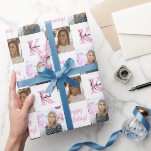 Trendy Birthday Collage Foto Monogramm-Geschenk Geschenkpapier