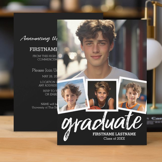 Trendy Black Abschluss Ankündigung Party 4 Foto (Classic Graduation Announcement and Party Invitation with 4 Photos)