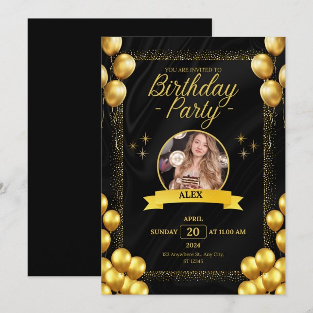 Trendy Black and Gold Birthday Party Styles Einladung (Vorne/Hinten)