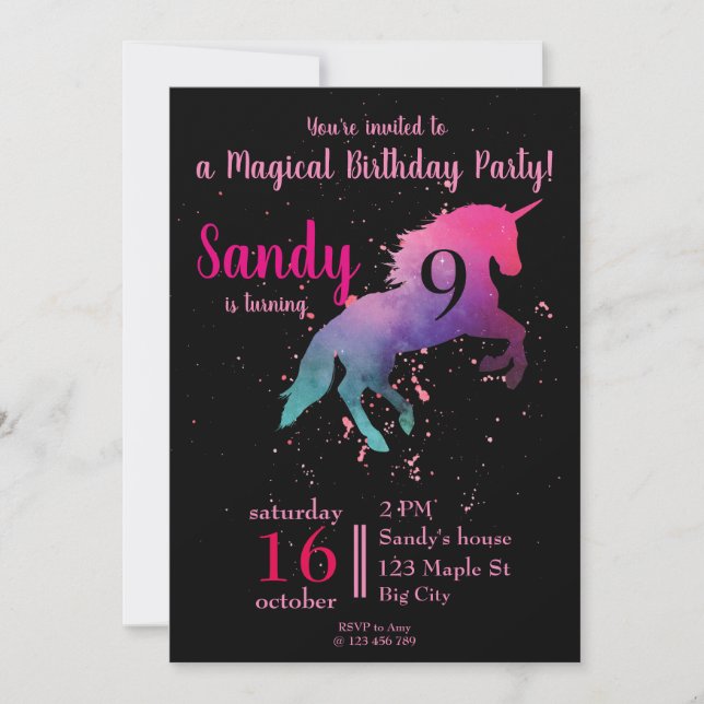 Trendy Black and Pink Magical Unicorn Geburtstag Einladung (Vorderseite)