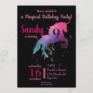 Trendy Black and Pink Magical Unicorn Geburtstag Einladung
