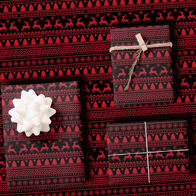 Trendy Black and Red Nordic Ugly Sweater Christmas Geschenkpapier Set (Von Creator hochgeladen)