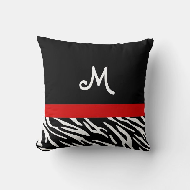 Trendy Black and Red Zebra Stripe Monogram Pillows Kissen (Vorderseite)