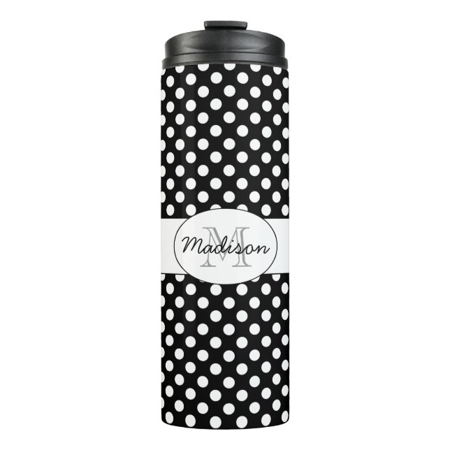 Trendy Black and White polka dots Muster Monogram Thermosbecher (Vorderseite)