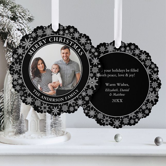 Trendy Black and White Snowflakes Frohe Weihnachte Ornament Karte (A greeting card that is also an ornament! Customize with your photo and personalized text.)