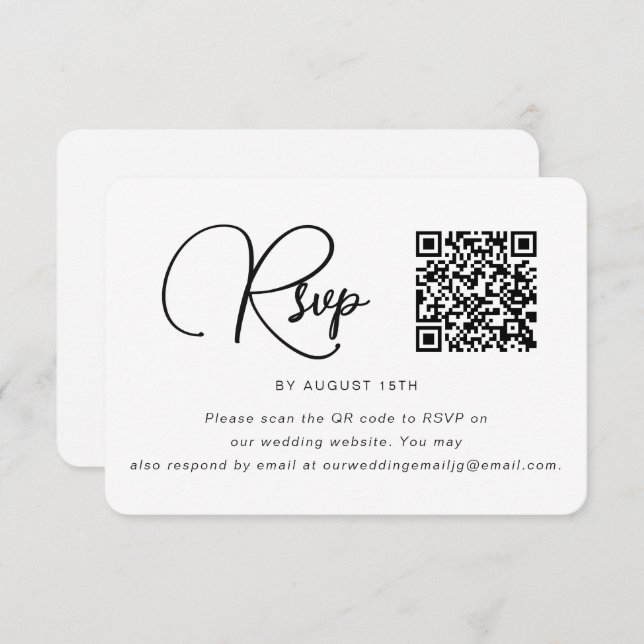 Trendy Black and White Wedding RSVP mit QR Code (Vorne/Hinten)