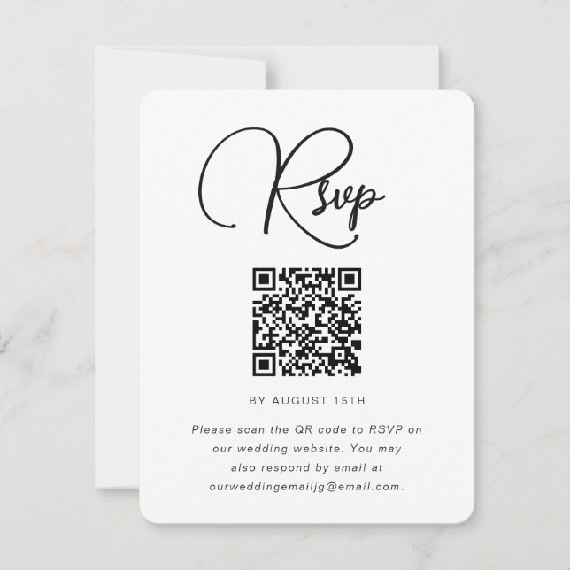 Trendy Black and White Wedding RSVP mit QR Code Karte (Vorderseite)