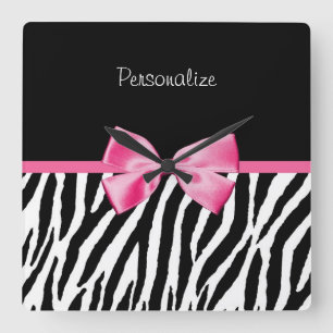 Trendy Black And White Zebra Print Pink Ribbon Quadratische Wanduhr