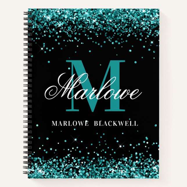 Trendy Black Aquamarin Monogram Glitzer Notizbuch (Vorderseite)