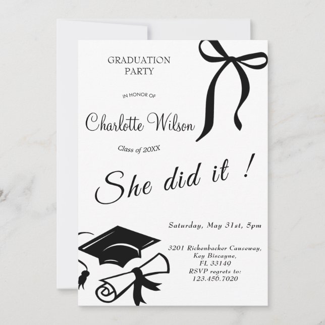 Trendy Black Bow Graduation Party Invitation Einladung (Vorderseite)