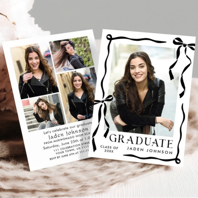 Trendy Black Bow Ribbon 5 PHOTO Graduation Party Einladung (Von Creator hochgeladen)