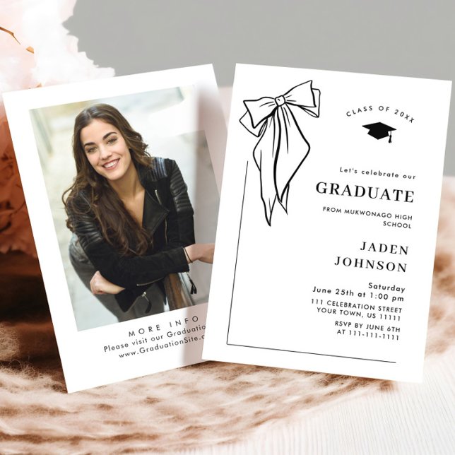 Trendy Black Bow Ribbon FOTO Graduation Party Einladung (Von Creator hochgeladen)